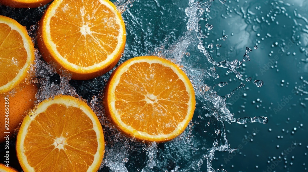 Top view of vibrant oranges with splashes of water. Ample copy space on the left for text Top view of vibrant oranges with splashes of water. Ample copy space on the left for text