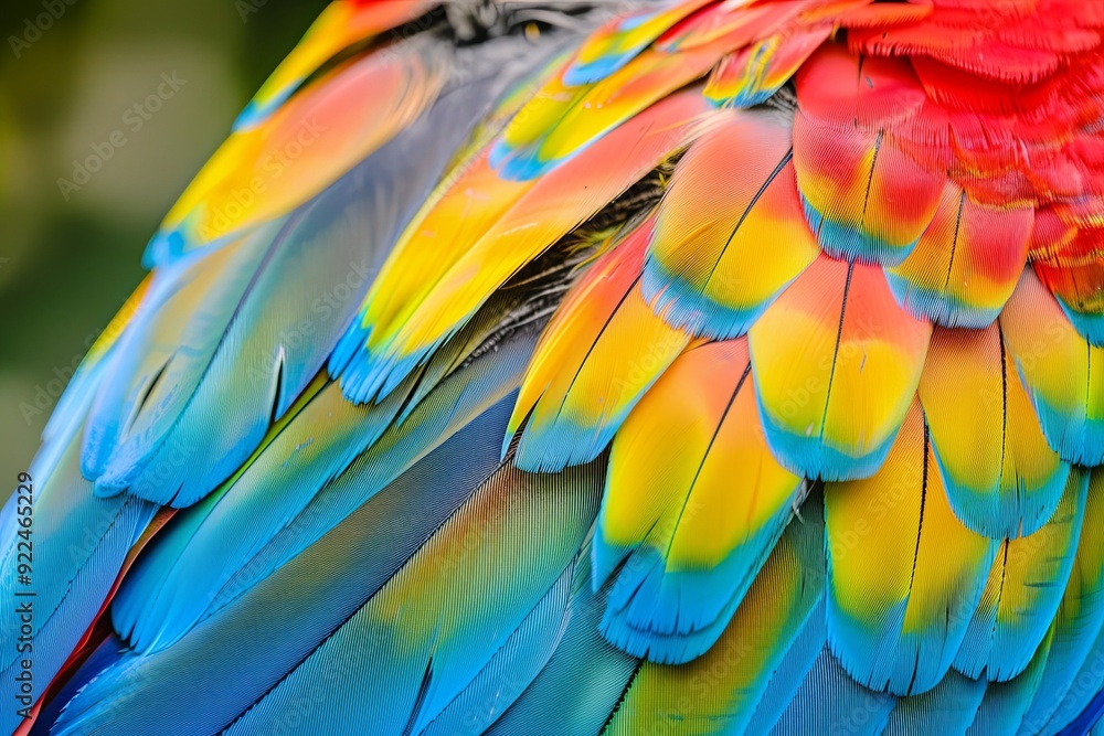 Fototapeta premium Vibrant blue, yellow, red, and green feathers of a tropical bird.