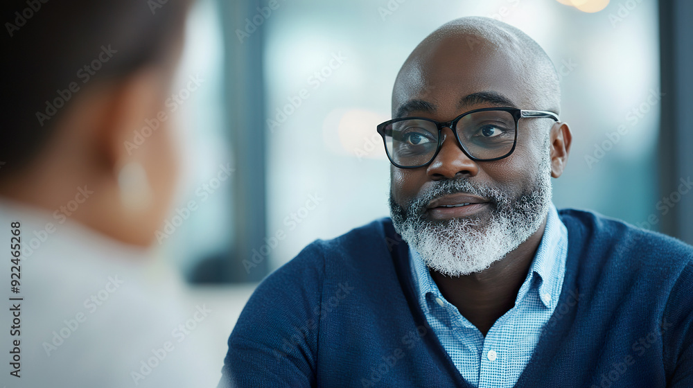 Middle aged black businessman engaging in conversation in a modern office setting Middle aged black businessman engaging in conversation in a modern office setting