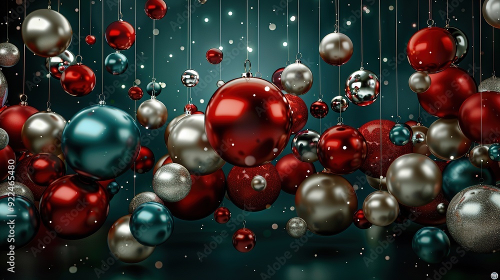 A cluster of red and silver decorations dangling from a string of silver and red spheres against a black backdrop A cluster of red and silver decorations dangling from a string of silver and red spheres against a black backdrop