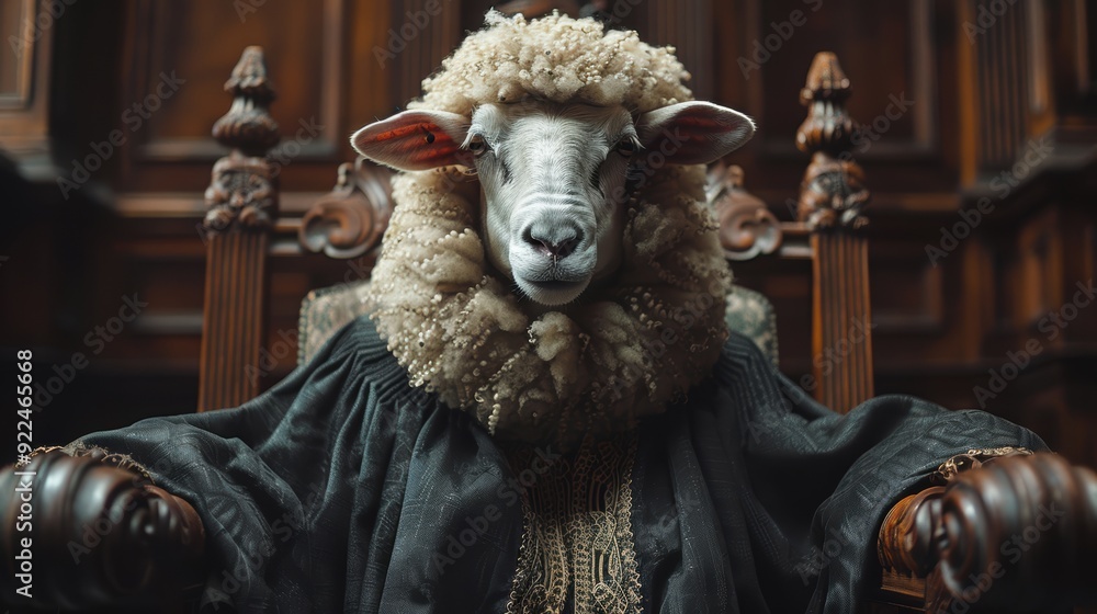 Sheep dressed as judge sitting in a chair in courtroom. Justice and law concept Sheep dressed as judge sitting in a chair in courtroom. Justice and law concept