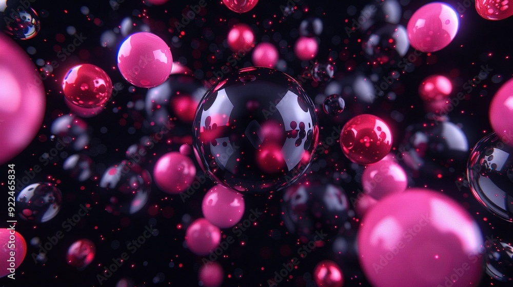 Pink and black spheres suspended in mid-air with water droplets beneath them Pink and black spheres suspended in mid-air with water droplets beneath them