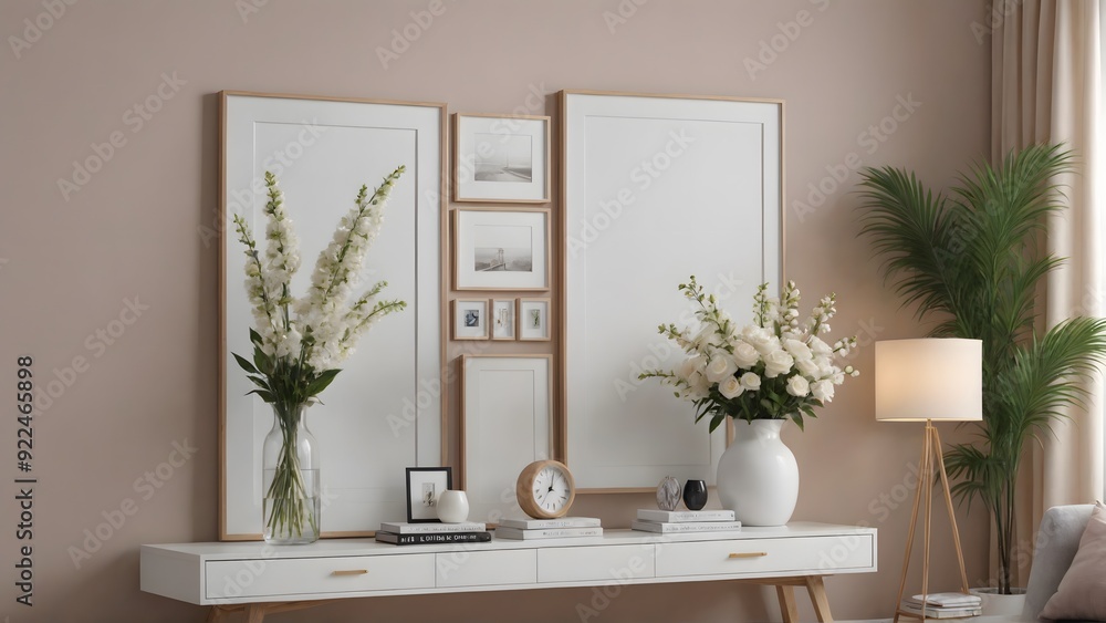 An empty modern living room with a stylish furniture set and picture frames on the wall 3d illustration template image. An empty modern living room with a stylish furniture set and picture frames on the wall 3d illustration template image.