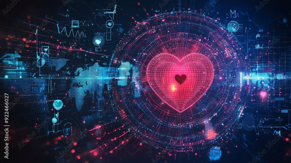 Fototapeta premium Vibrant digital heart design with data visualization elements. Perfect for technology, health, and wellness themes. world heart day.