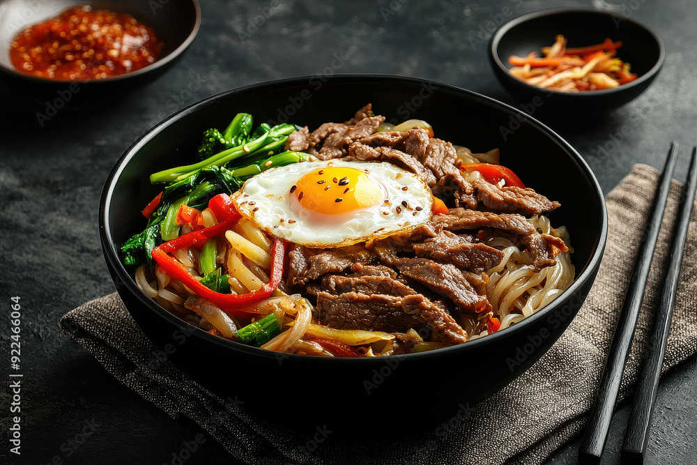 A delectable dish of stir-fried noodles topped with succulent beef strips, vibrant vegetables, and a perfectly cooked fried egg, served in a black bowl. A delectable dish of stir-fried noodles topped with succulent beef strips, vibrant vegetables, and a perfectly cooked fried egg, served in a black bowl.