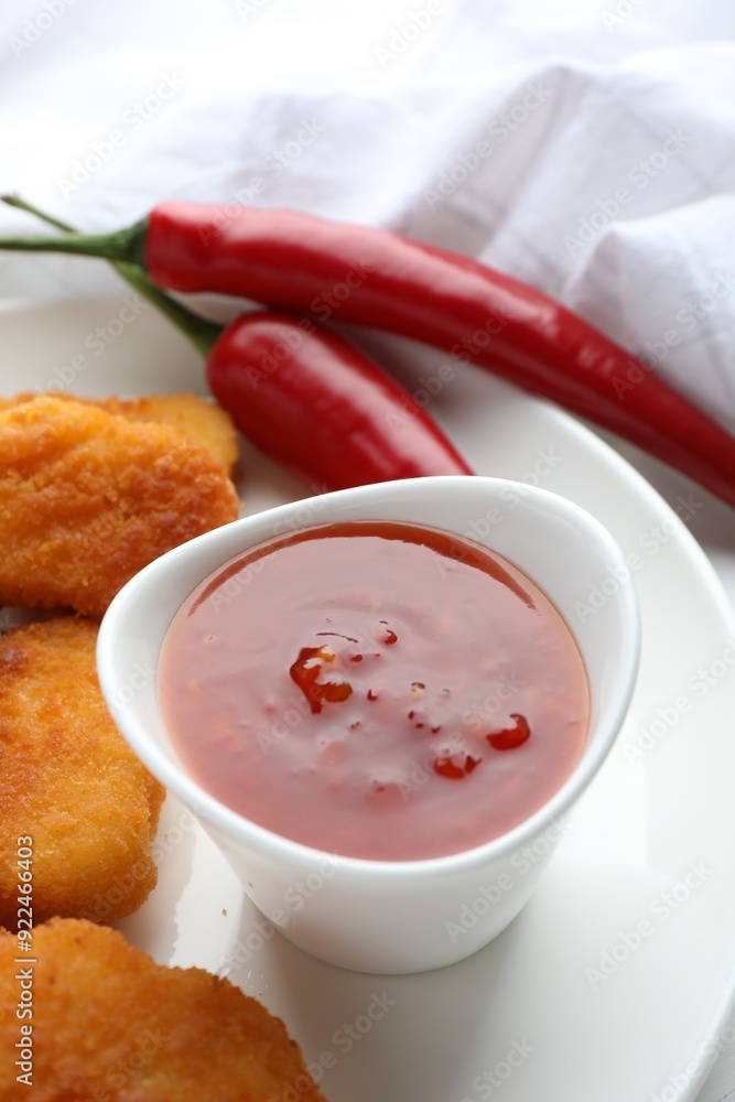 Chili sauce and chicken nuggets on white table, closeup Chili sauce and chicken nuggets on white table, closeup