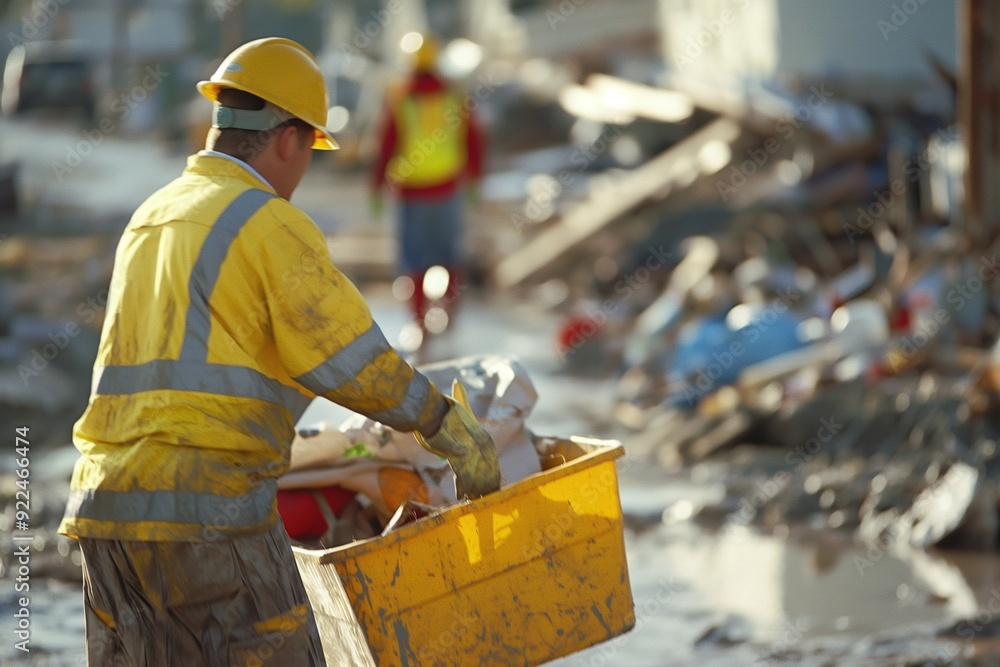 A worker in a yellow jacket and hard hat carries a yellow container through debris in a disaster zone.