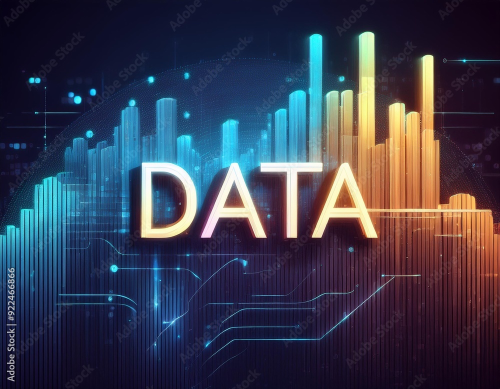 Obraz premium Text 'Data' on abstract floating data bars background, data science concept.