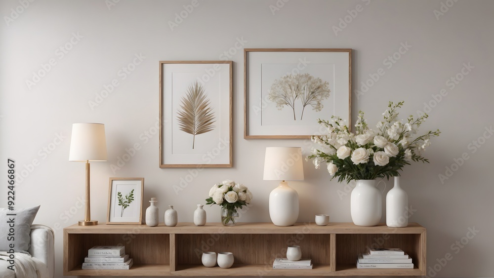 An empty modern living room with a stylish furniture set and picture frames on the wall 3d illustration template image. An empty modern living room with a stylish furniture set and picture frames on the wall 3d illustration template image.