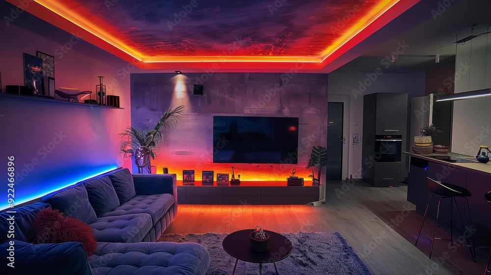Transform your living room into a trendy space with a velvet sofa, a wall-mounted 4K TV, and LED strips Transform your living room into a trendy space with a velvet sofa, a wall-mounted 4K TV, and LED strips