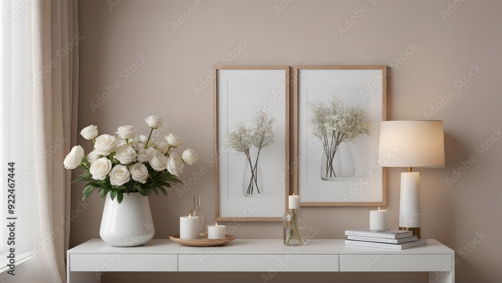 An empty modern living room with a stylish furniture set and picture frames on the wall 3d illustration template image. An empty modern living room with a stylish furniture set and picture frames on the wall 3d illustration template image.