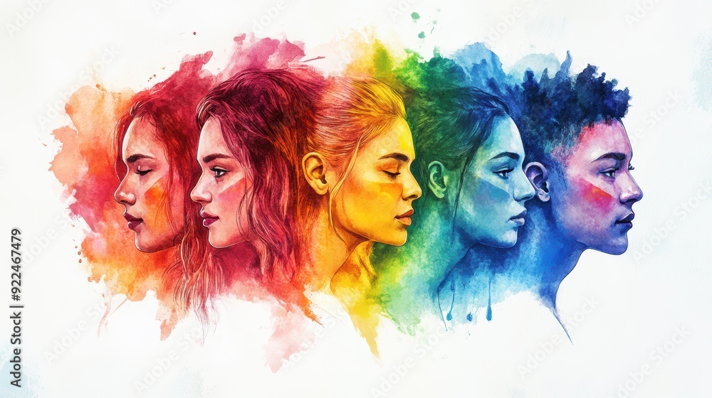 Fototapeta premium A vibrant watercolor illustration depicting five diverse women in profile, showcasing a spectrum of colors representing unity and diversity