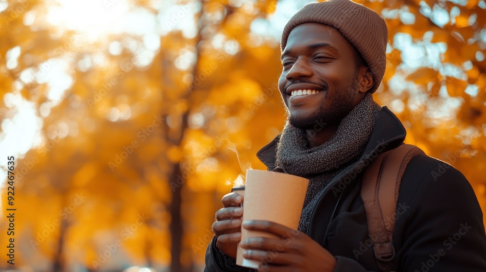 Handsome african male model in the fall season autumn landscape sunny day, trees and leaves background, holding hot paper glass with coffee Handsome african male model in the fall season autumn landscape sunny day, trees and leaves background, holding hot paper glass with coffee