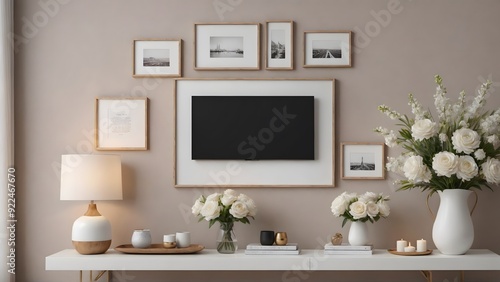 An empty modern living room with a stylish furniture set and picture frames on the wall 3d illustration template image.