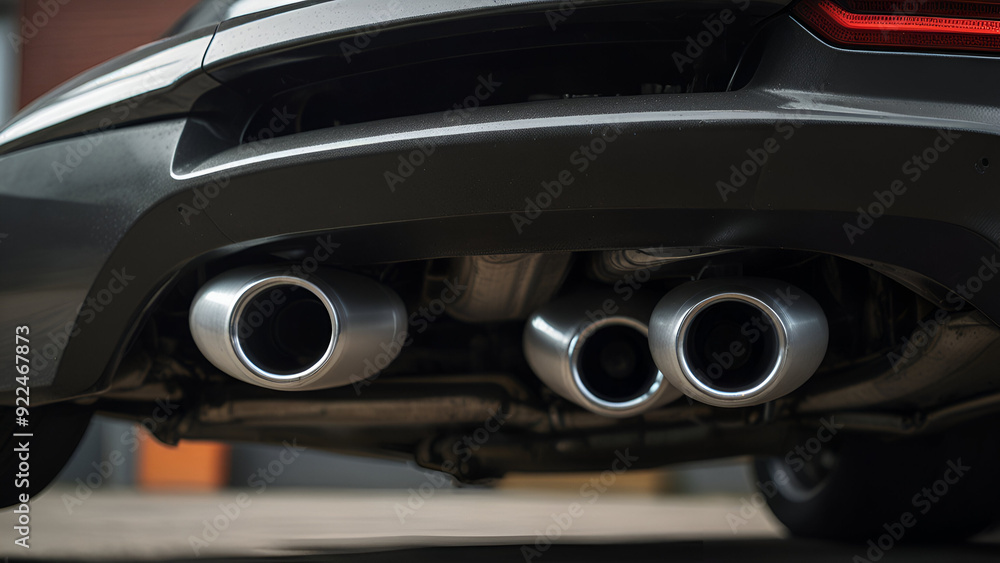 Two sleek exhaust pipes of a modern sports car, gleaming and stylish, enhancing performance. Two sleek exhaust pipes of a modern sports car, gleaming and stylish, enhancing performance.