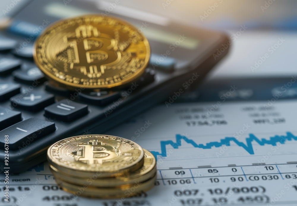 Close up of bitcoin on a table with some forms and a calculator against a grey background, in the financial concept theme Close up of bitcoin on a table with some forms and a calculator against a grey background, in the financial concept theme