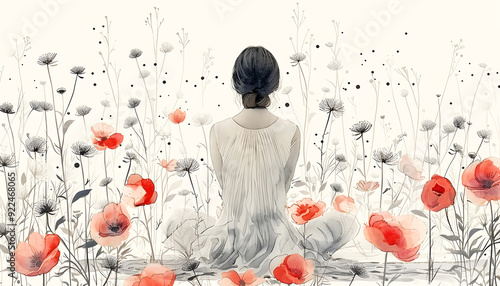 A moment of gratitude and mindfulness amid blooming flowers in a serene garden, minimal illustration photo