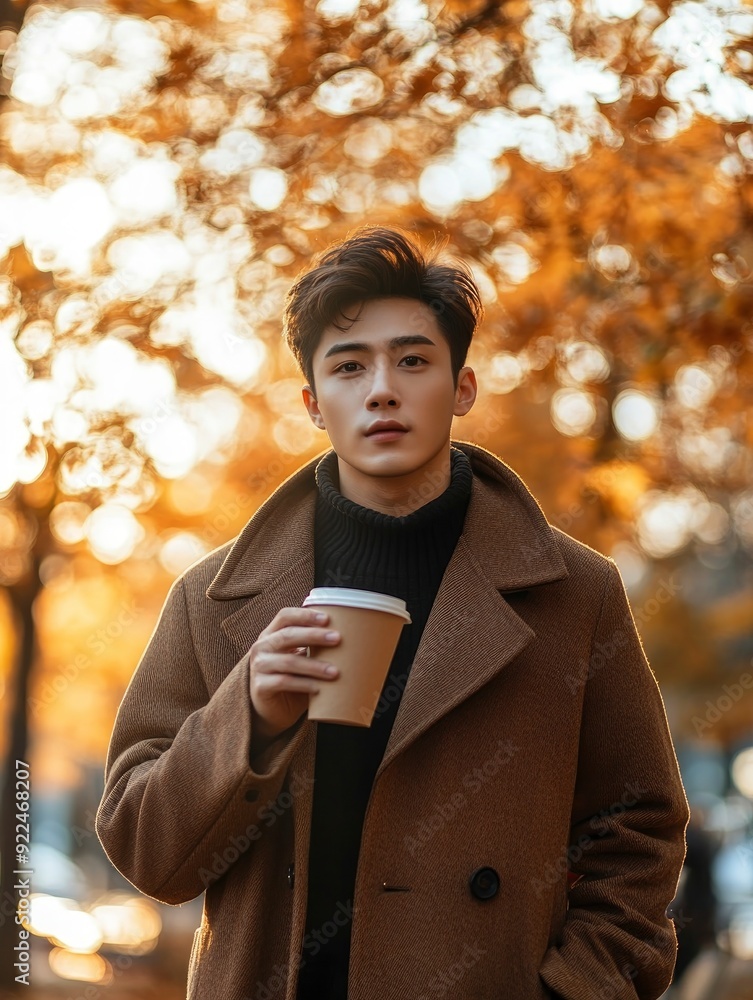 Handsome asian male model in the fall season autumn landscape sunny day, trees and leaves background, holding hot paper glass with coffee