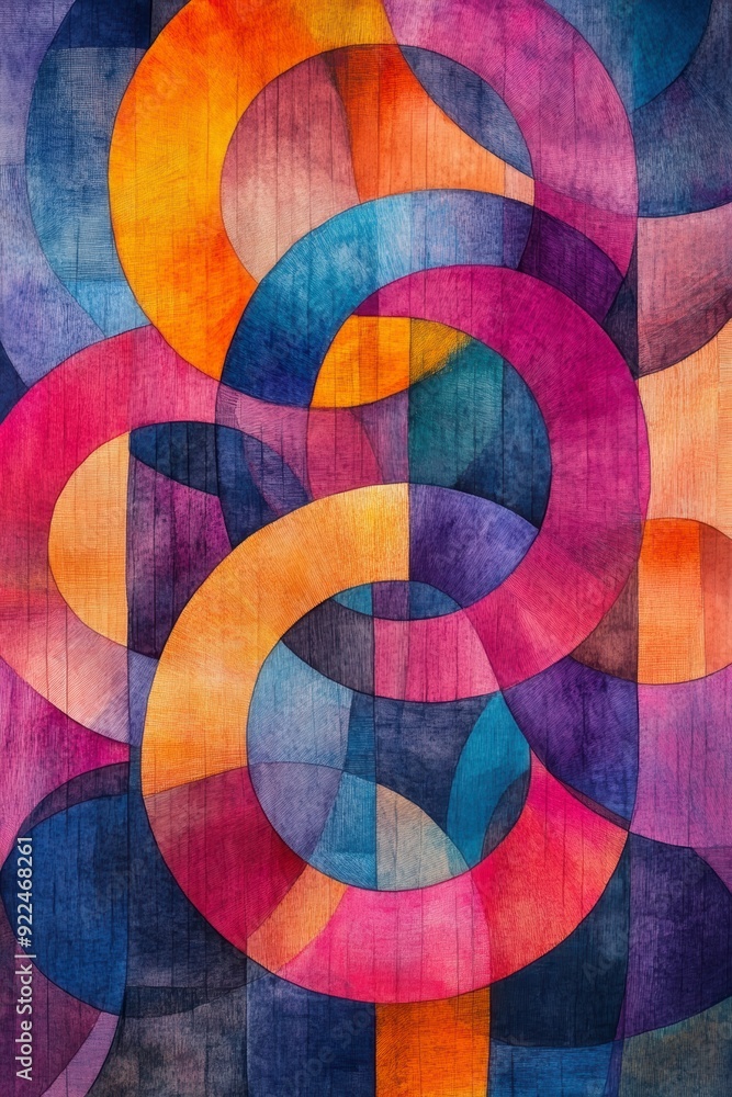 Obraz premium A vibrant abstract artwork featuring intertwined circles in a spectrum of colors, creating a harmonious and eye-catching composition
