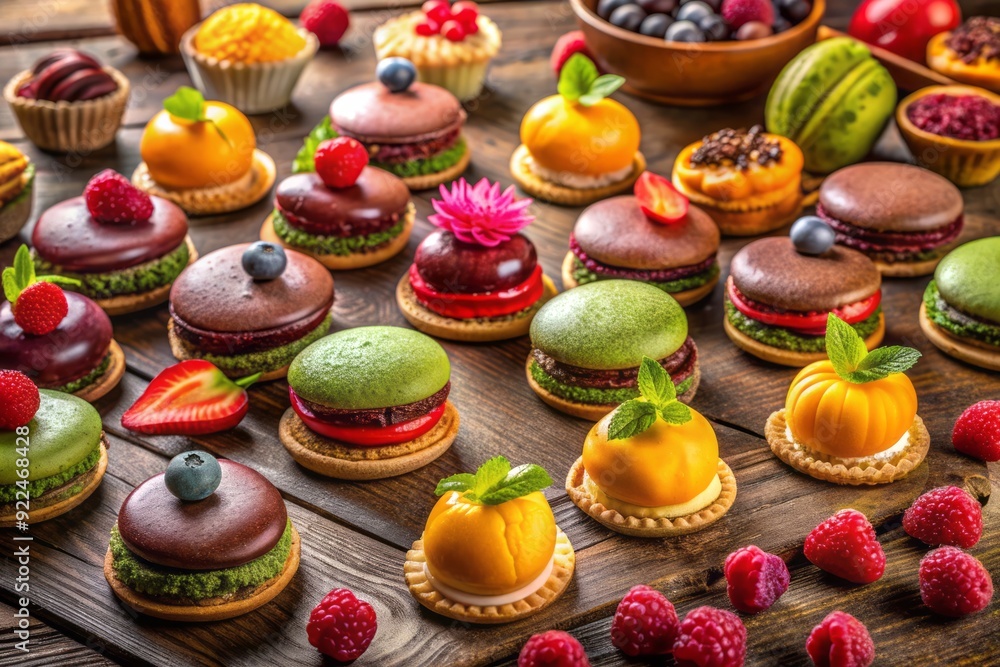 Vibrant fusion desserts on a rustic wooden table, featuring colorful macarons, exotic fruit tart, and rich chocolate truffles, perfect for a trendy food blog or magazine spread. Vibrant fusion desserts on a rustic wooden table, featuring colorful macarons, exotic fruit tart, and rich chocolate truffles, perfect for a trendy food blog or magazine spread.