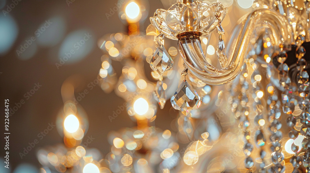 Close-up of a hotel's elegant lobby chandelier, the crystals sparkling in the ambient lighting Close-up of a hotel's elegant lobby chandelier, the crystals sparkling in the ambient lighting