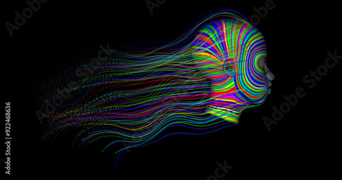 Face of color. Background design of human profile and colorful moving paint lines on the theme of creativity, design, inner world, human nature and artistic soul. vector illustration
