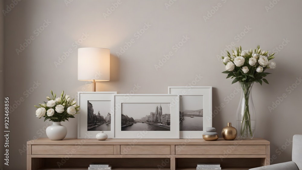 An empty modern living room with a stylish furniture set and picture frames on the wall 3d illustration template image.