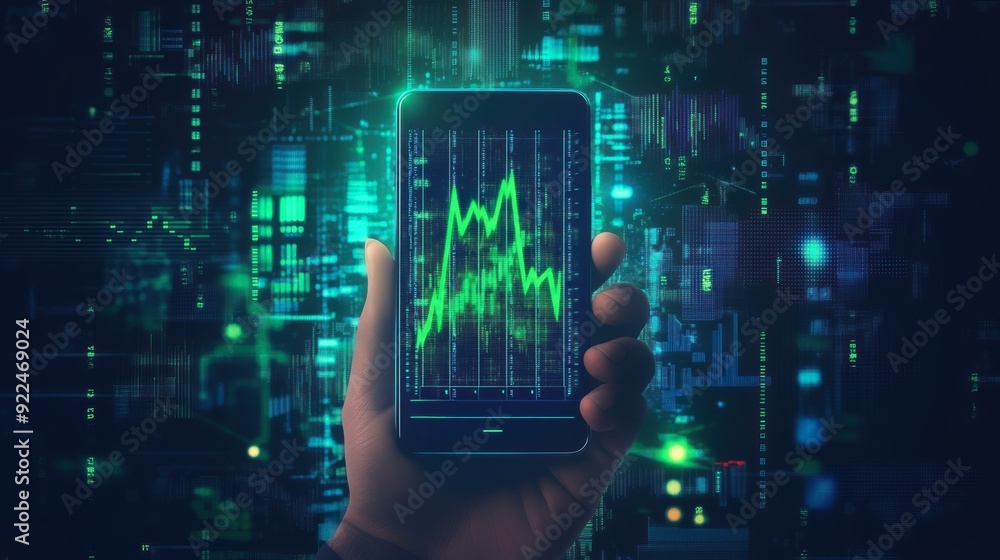 A hand holding a smartphone displaying a green data graph, surrounded by digital patterns and a futuristic background, symbolizing technology and data analysis