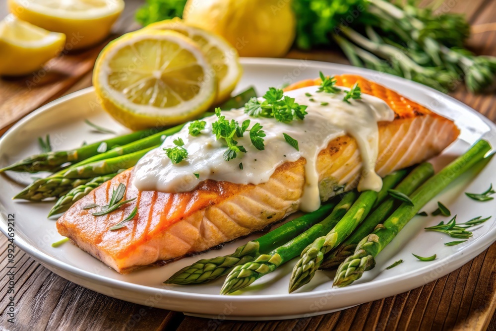 Freshly grilled salmon fillet served atop a bed of crispy roasted asparagus, garnished with a zesty lemon dill sauce and sprinkled with chopped fresh parsley. Freshly grilled salmon fillet served atop a bed of crispy roasted asparagus, garnished with a zesty lemon dill sauce and sprinkled with chopped fresh parsley.