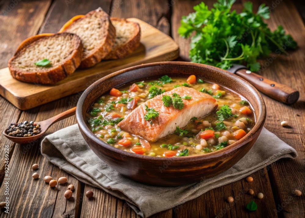 Hearty, slow-cooked salmon and lentil stew served in a rustic bowl with a slice of crusty bread and fresh parsley on a wooden table. Hearty, slow-cooked salmon and lentil stew served in a rustic bowl with a slice of crusty bread and fresh parsley on a wooden table.