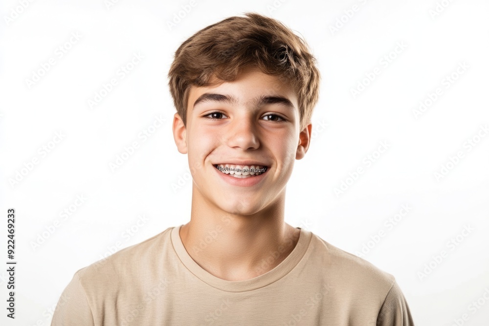 Teen Boy with Braces Smiling in Studio Portrait, Healthy Teeth and Beige T-shirt, White Background Teen Boy with Braces Smiling in Studio Portrait, Healthy Teeth and Beige T-shirt, White Background