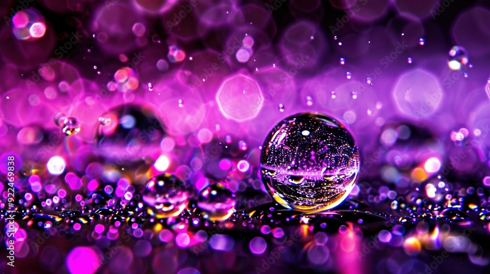 Close-up of a water droplet on a surface, with purple and pink lights in the background and bubbles in the foreground Close-up of a water droplet on a surface, with purple and pink lights in the background and bubbles in the foreground