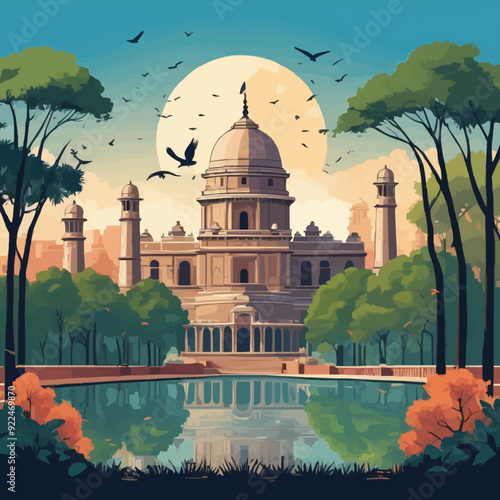 Delhi cityscape with historic monument surrounded by trees and birds in the sky