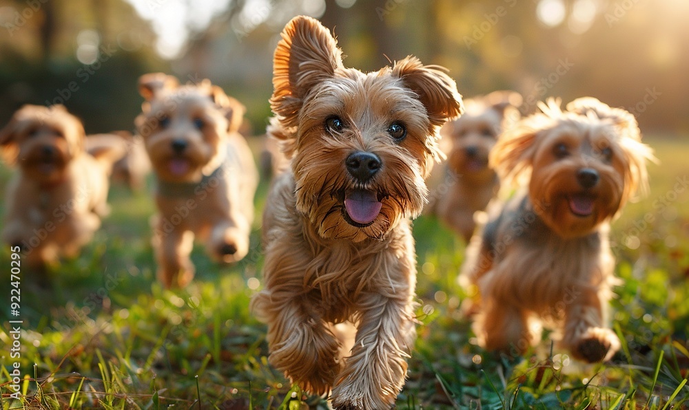 cute funny dogs group running,playing on green grass in park. cute funny dogs group running,playing on green grass in park.