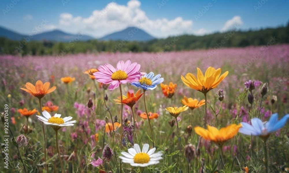 Obraz premium A field of flowers with a bright blue sky in the background generative AI illustration