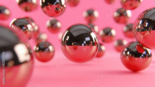  A group of shiny red and black balls on a pink surface with a black and white object centered