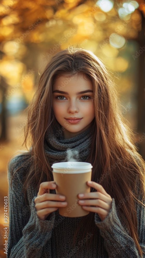 Handsome beautiful girl model in the fall season on the autumn landscape, trees and leaves background, with hot paper glass of coffee in her hands Handsome beautiful girl model in the fall season on the autumn landscape, trees and leaves background, with hot paper glass of coffee in her hands