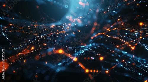 Abstract tech background featuring illuminated fiber optic connections, a quantum computing network system, and global electronic intelligence.