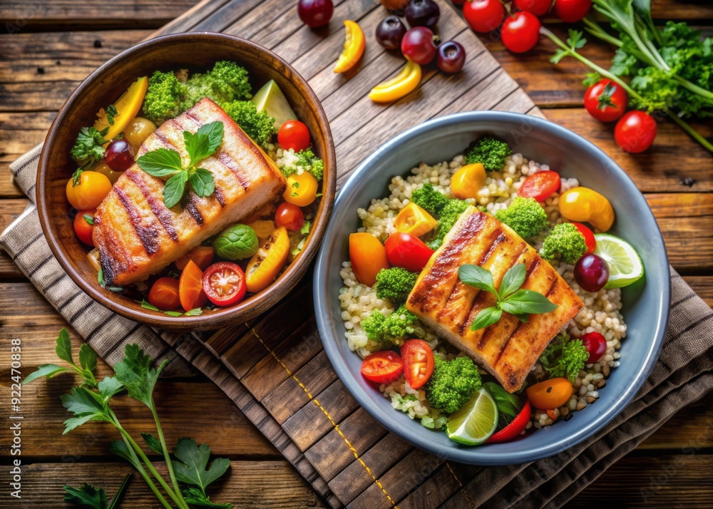Vibrant, healthy quinoa bowls topped with grilled salmon fillets, colorful roasted vegetables, and fresh herbs, served on a rustic wooden background. Vibrant, healthy quinoa bowls topped with grilled salmon fillets, colorful roasted vegetables, and fresh herbs, served on a rustic wooden background.