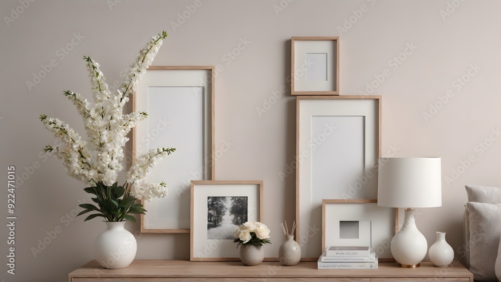 Fototapeta premium Close up view of the wooden console with other decorative items, photo frames and flowers interior 3d illustration image.