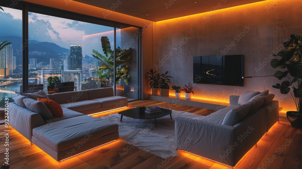 Illuminate your modern living room at night with LED strips highlighting the sofa, TV, and architectural features, creating a captivating Illuminate your modern living room at night with LED strips highlighting the sofa, TV, and architectural features, creating a captivating