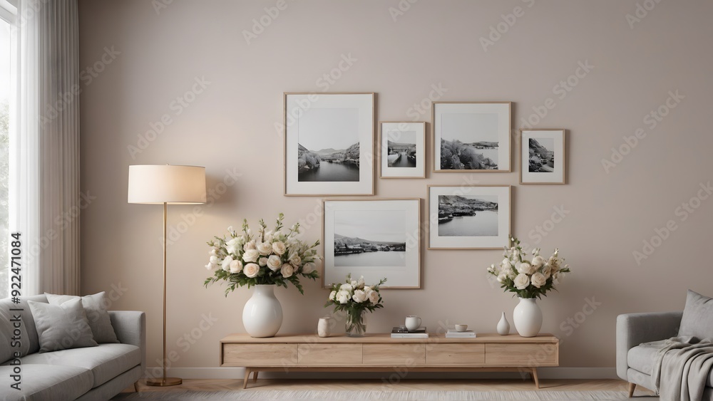 Fototapeta premium Close up view of the wooden console with other decorative items, photo frames and flowers interior 3d illustration image.
