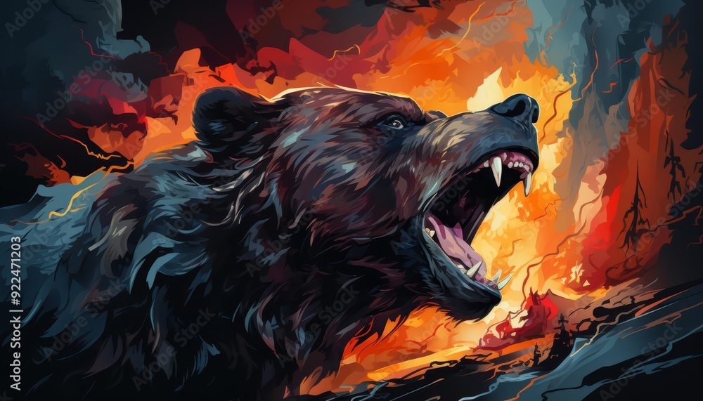A bear growling fiercely flat design side view dark cave water color Triadic Color Scheme A bear growling fiercely flat design side view dark cave water color Triadic Color Scheme