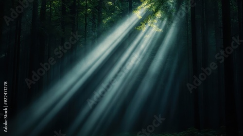 This serene image captures sunbeams filtering through a dense forest canopy, illuminating the dark woods with ethereal light and creating a mesmerizing play of shadows and light.