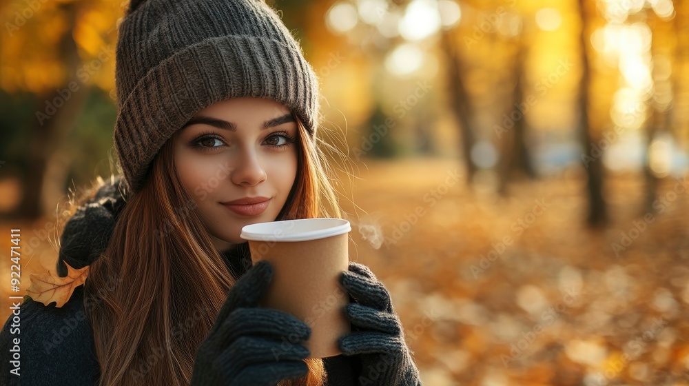 Handsome beautiful girl model in the fall season autumn landscape sunny day, trees and leaves background, with hot paper glass of coffee in her hands Handsome beautiful girl model in the fall season autumn landscape sunny day, trees and leaves background, with hot paper glass of coffee in her hands