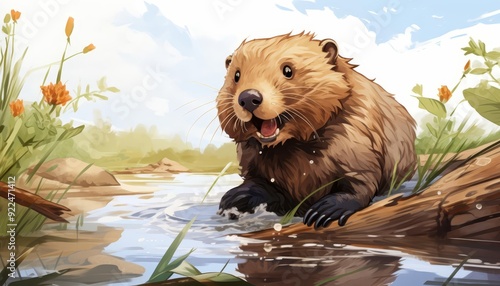 A beaver gnawing persistently flat design top view riverbank cartoon drawing colored pastel photo