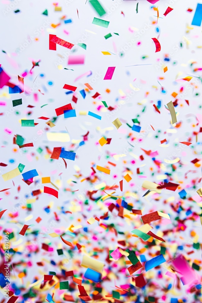 Obraz premium Colorful confetti falling on a white background.