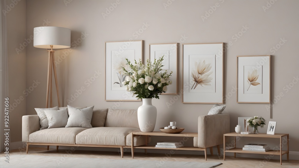 Naklejka premium A close up living room interior with an empty mock-up poster frame on the wall, wooden console with a few decorative items and flowers interior 3d illustration image.