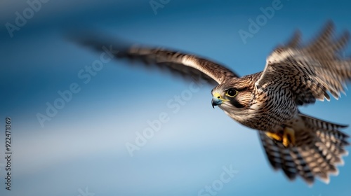 A sharp-eyed falcon mid-flight, displaying its exquisite plumage against a clear blue sky, capturing the essence of freedom and predator prowess magnificently. photo