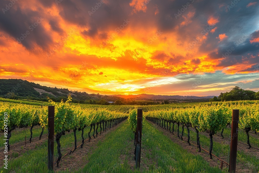Fototapeta premium Winery Sonoma. Dramatic and Colorful Sunset Over Vineyard with Vibrant Orange and Yellow Sky